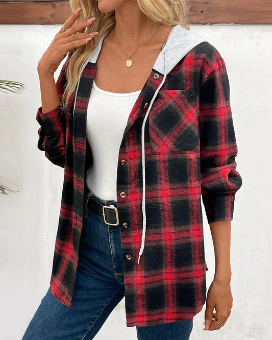 Women's Hooded Checkered Jacket Cozy Fall Outerwear - Fashinoza
