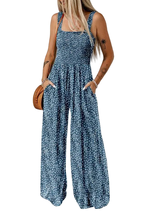 Women's Smocked Jumpsuit Wide Leg Side Pockets