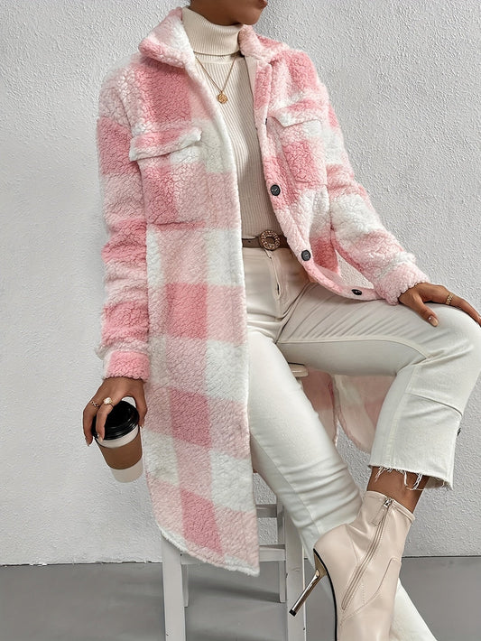 Women's Plaid Fleece Coat Button Front Pockets - Fashinoza
