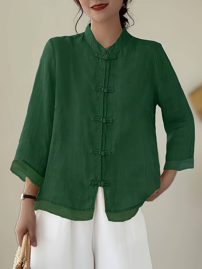 Women's Mandarin Collar Blouse Frog Buttons - Fashinoza