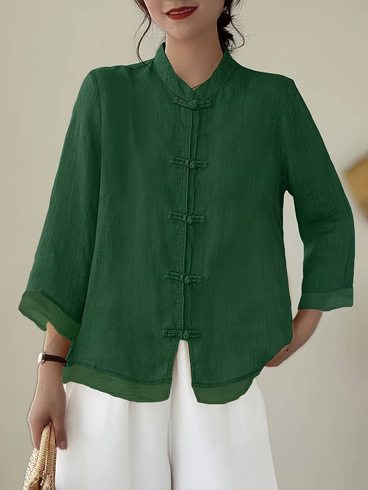 Women's Mandarin Collar Blouse Frog Buttons - Fashinoza
