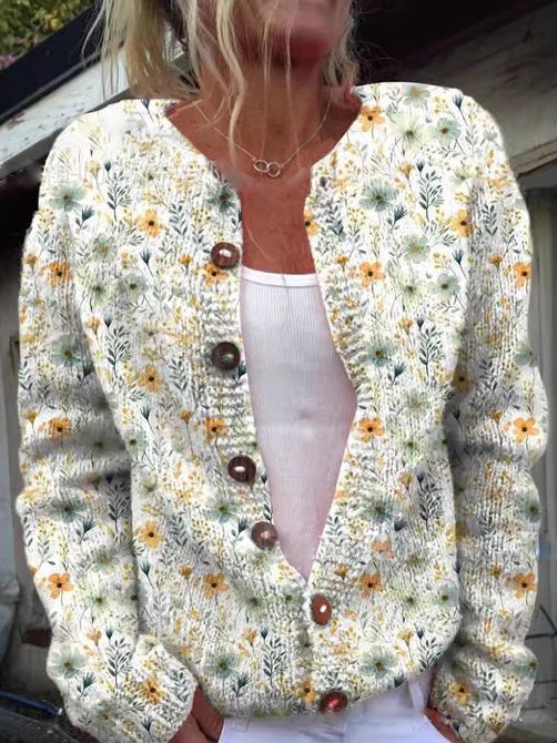 Women's Floral Cardigan Sweater Crew Neck Button Closure