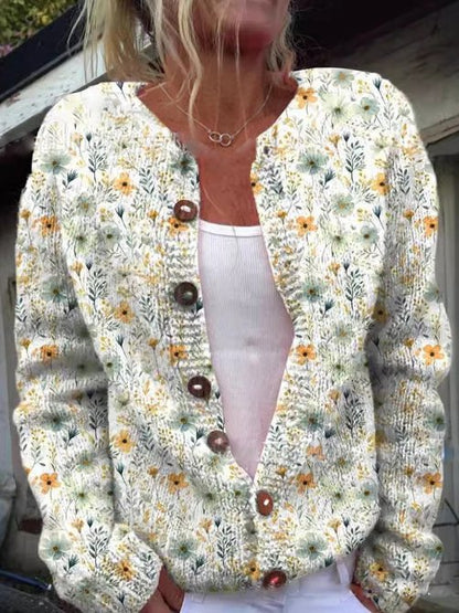 Women's Floral Cardigan Sweater Crew Neck Button Closure
