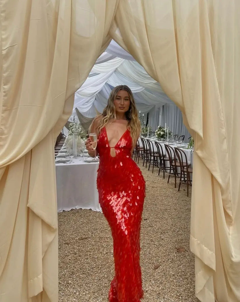 Women's Backless Sequin Dress For Wedding Guest