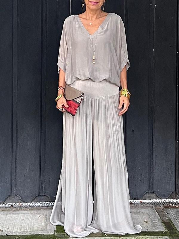 Women's V-Neck Jumpsuit Wide Leg Batwing Sleeve 2 Piece