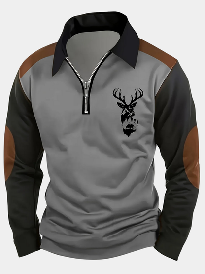 Men's Long Sleeve Polo Shirt Quarter Zip Contrast Panel - Fashinoza