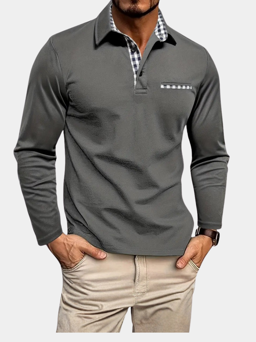 Men's Long Sleeve Polo Shirt Contrast CollarPocket - Fashinoza