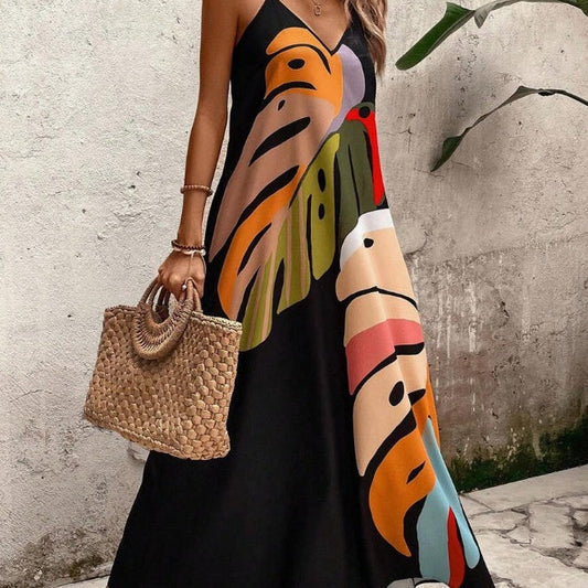 Women's Leaf Print Maxi Dress - Fashinoza