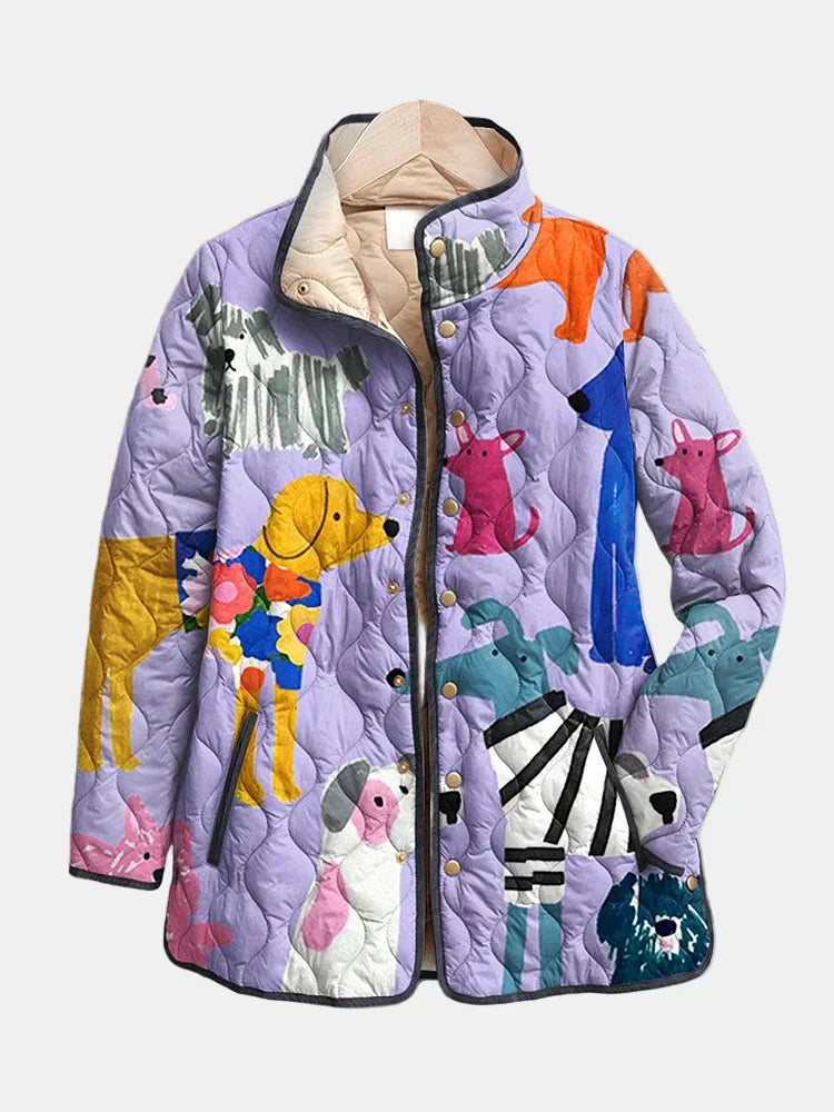 Women's Quilted Jacket Dog Print - Fashinoza
