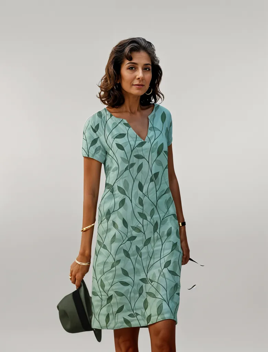 Women's Leaf Print V-Neck Dress - Fashinoza