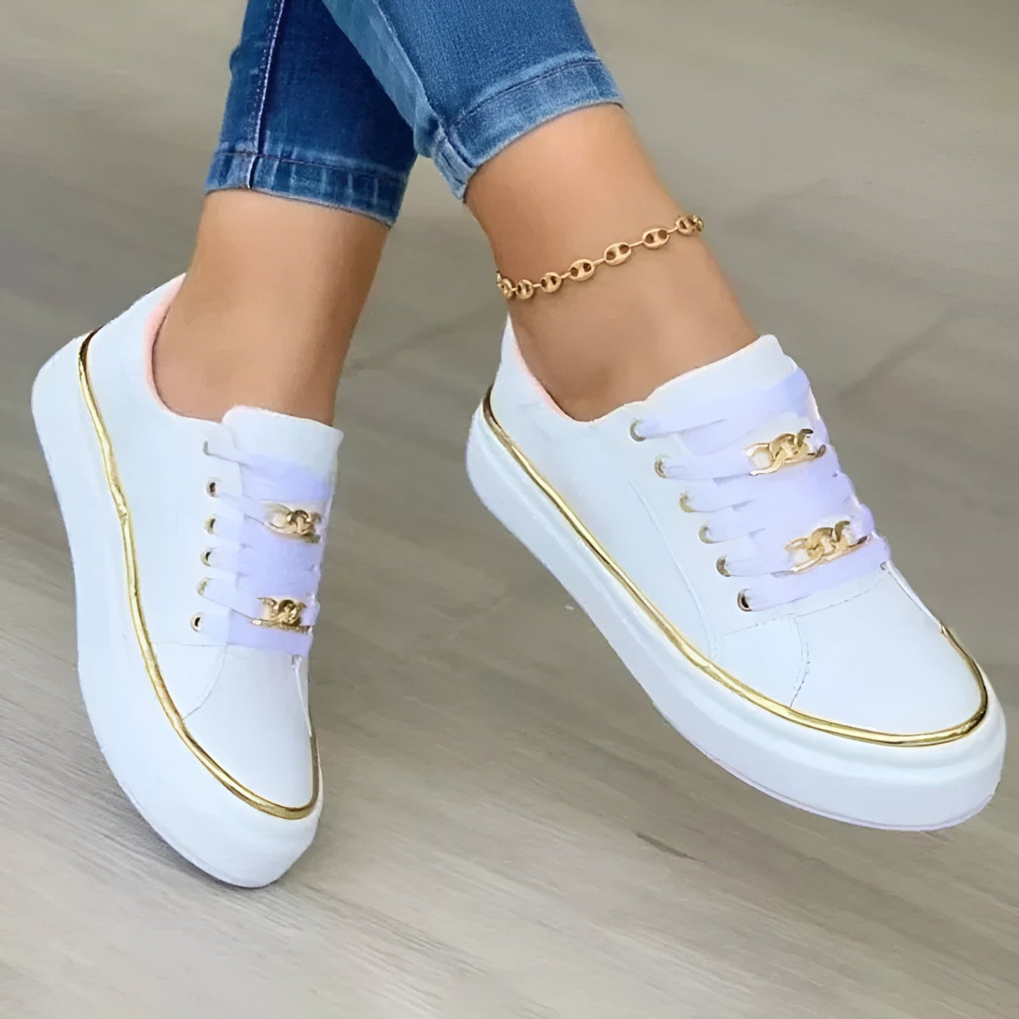 Women's Platform Sneakers Gold Chain Detail Casual