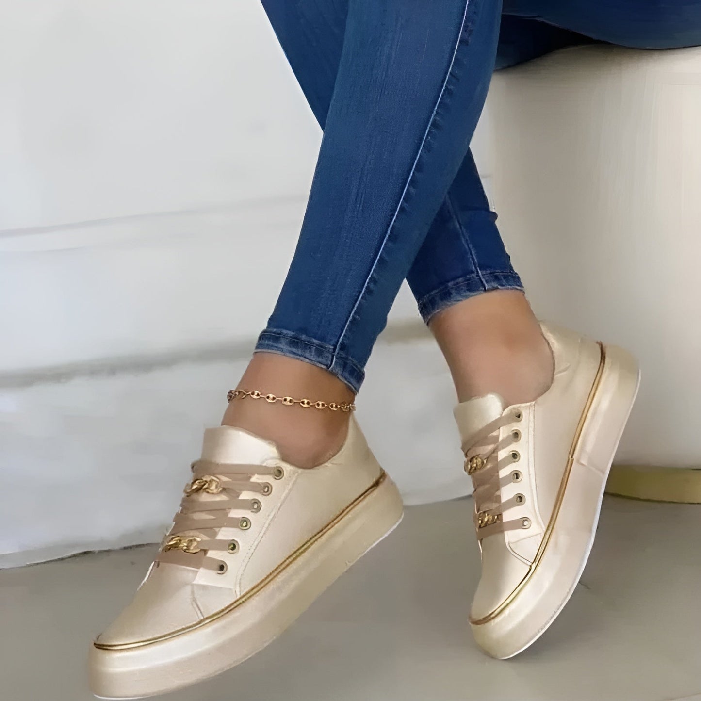 Women's Platform Sneakers Gold Chain Detail Casual