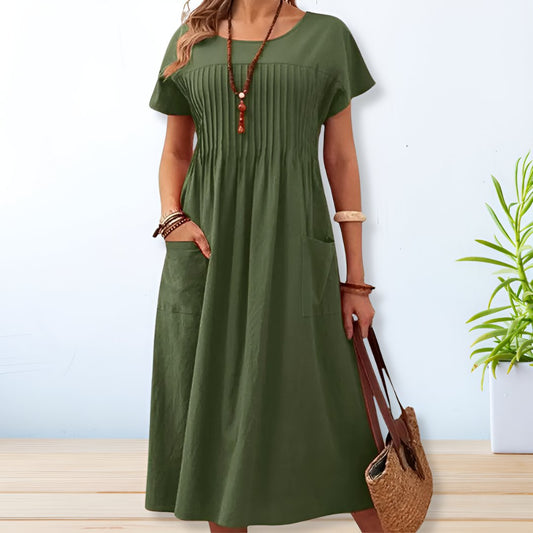 Women's Short Sleeve Midi Dress Pintuck Bodice Side Pockets - 
Fashinoza