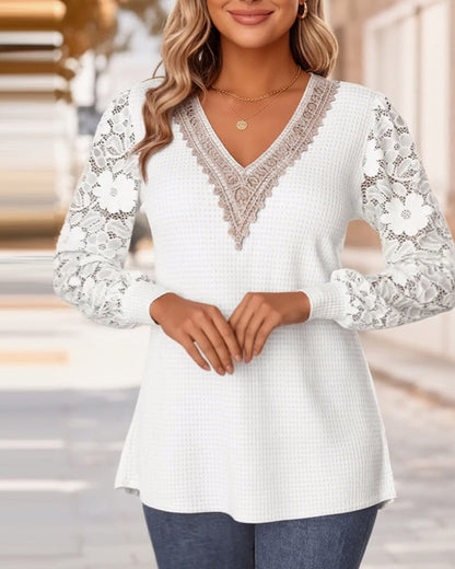 Women's Lace V-Neck Long Sleeve - Fashinoza