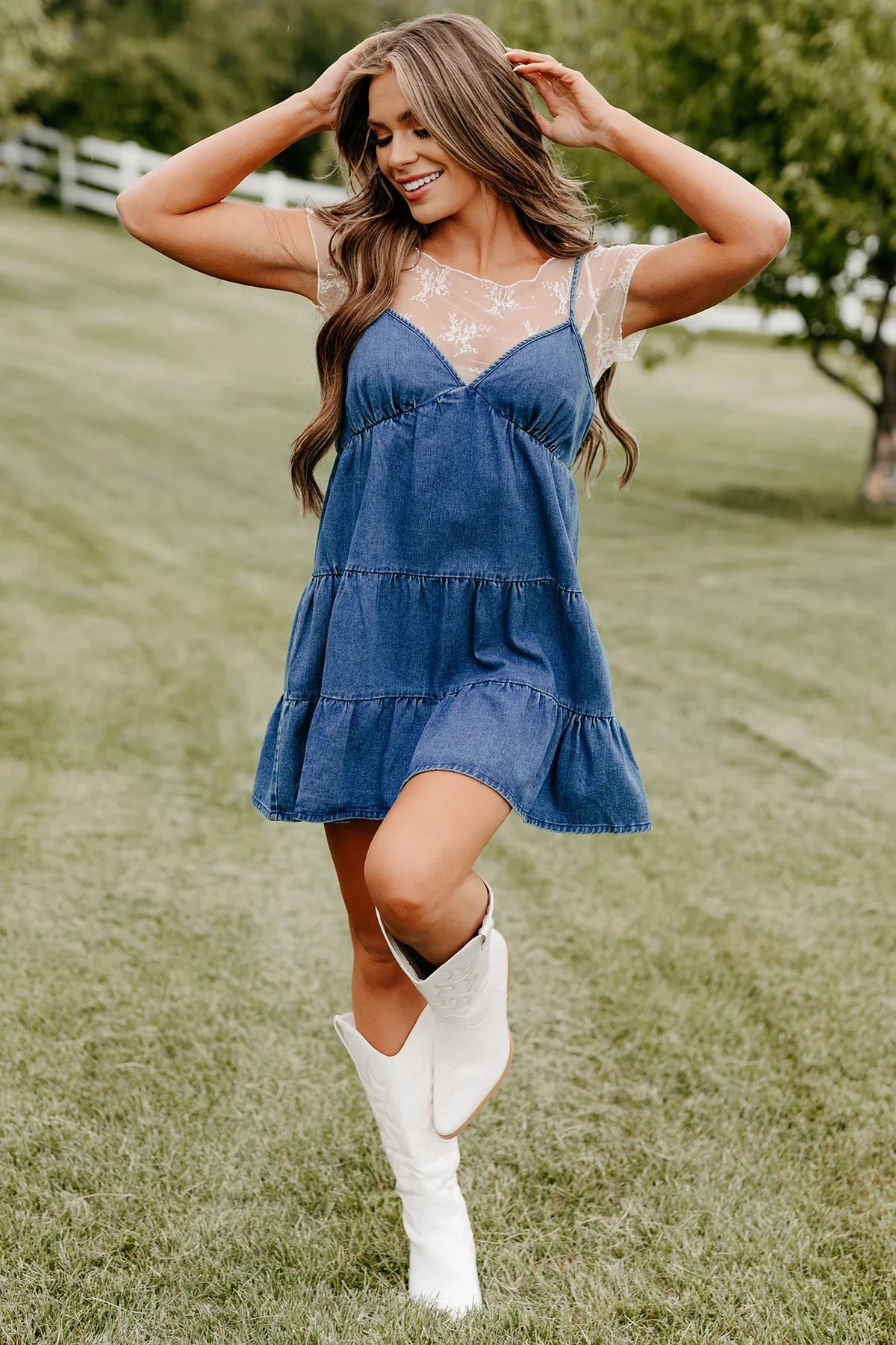 Women's Denim Mini Dress with Lace