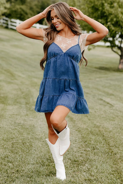 Women's Denim Mini Dress with Lace