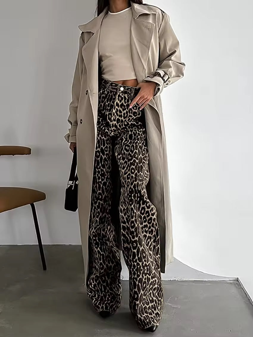 Women's High-Waisted Wide Leg Jeans Leopard Print - Fashinoza