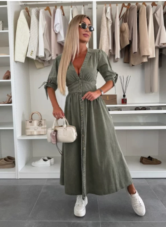 Women's V-Neck A-Line Midi Dress Amber - Fashinoza