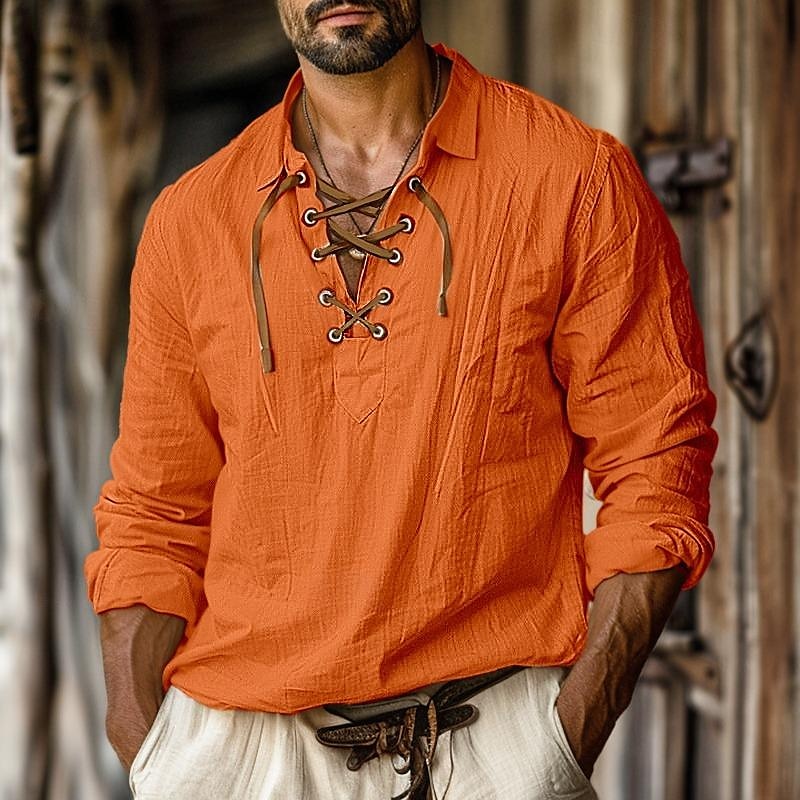 Men's Long Sleeve Lace-Up Shirt - Fashinoza