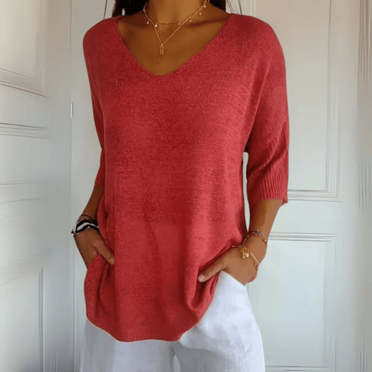 Women's V-Neck Sweater Three-Quarter Sleeves - Fashinoza