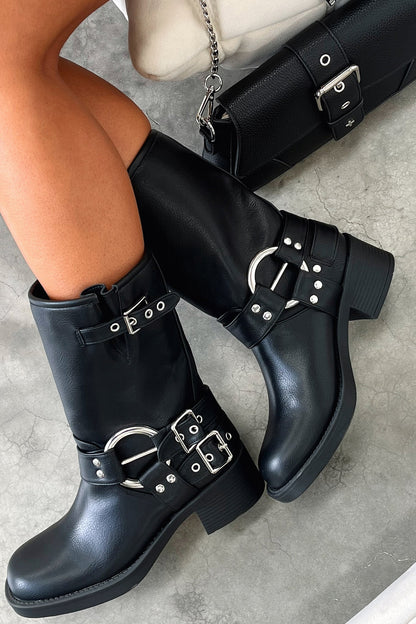 Women's Block Heel Boots Buckle Detail
