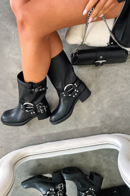 Women's Block Heel Boots Buckle Detail