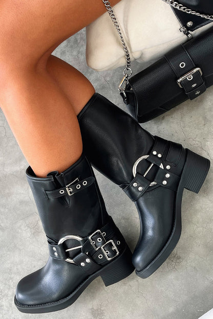 Women's Block Heel Boots Buckle Detail