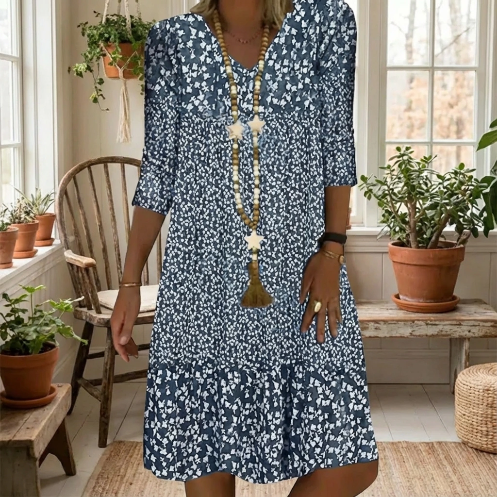 Relaxed Spring Printed V-Neck Midi Dress