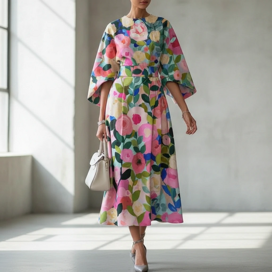 Woman wearing a colorful floral dress in a bright room.