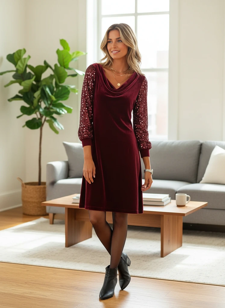 Draped Neck Sequin Sleeve Midi Dress
