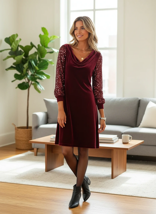 Draped Neck Sequin Sleeve Midi Dress