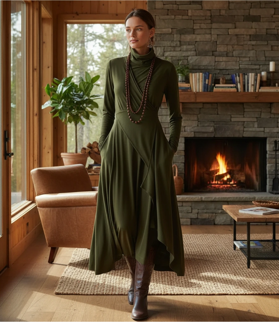 Wrap Turtleneck Midi Dress
