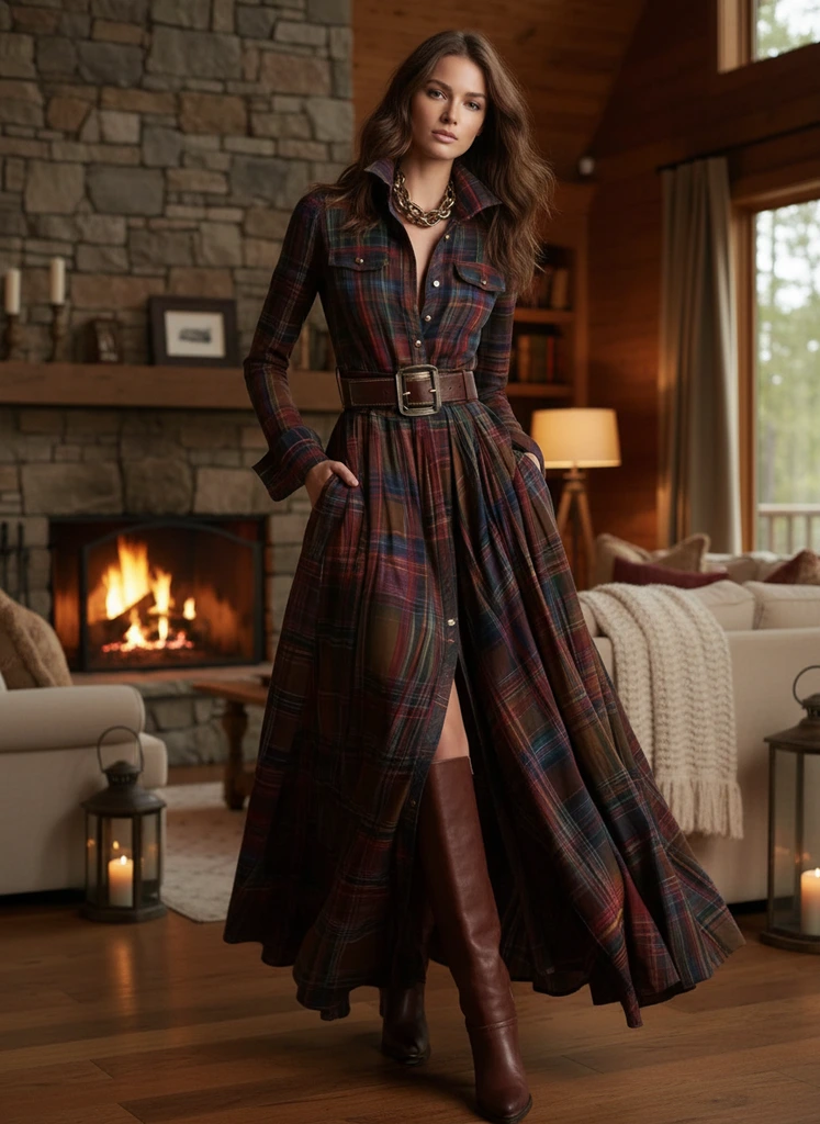 Women’s Plaid Belted Button-Front Maxi Dress