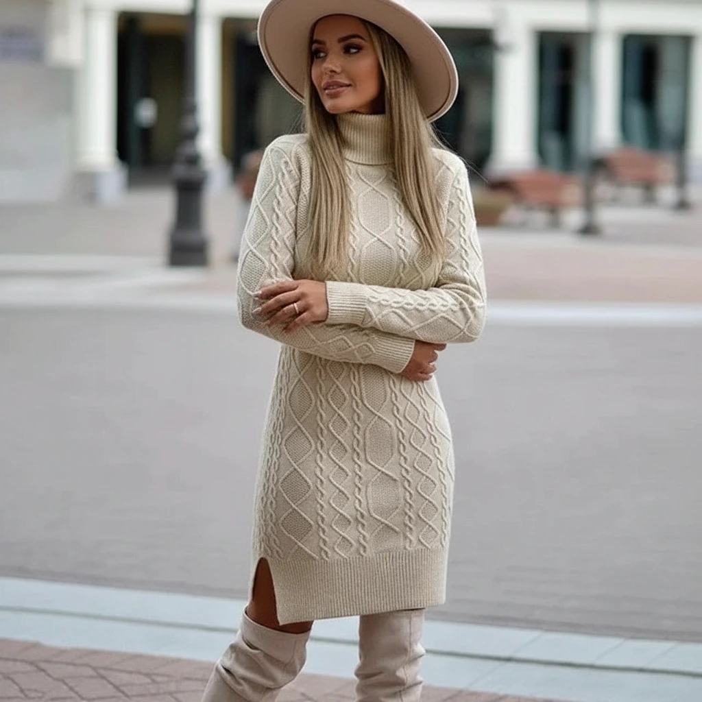 Elegant Knit Turtleneck Sweater Dress