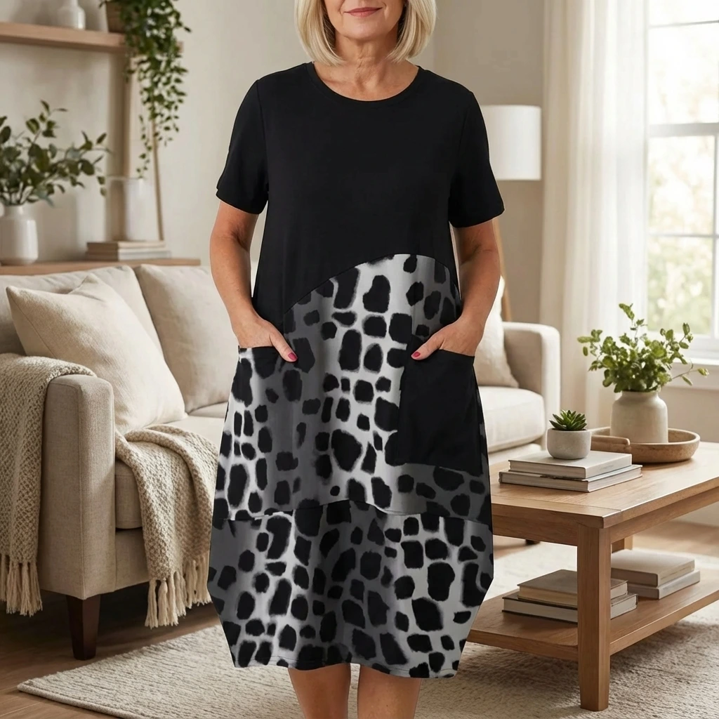 Relaxed Patchwork Midi Dress with Pockets