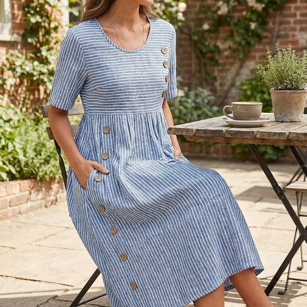 Relaxed Striped Button-Detail Midi Dress