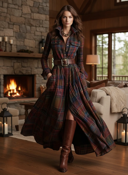 Women’s Plaid Belted Button-Front Maxi Dress