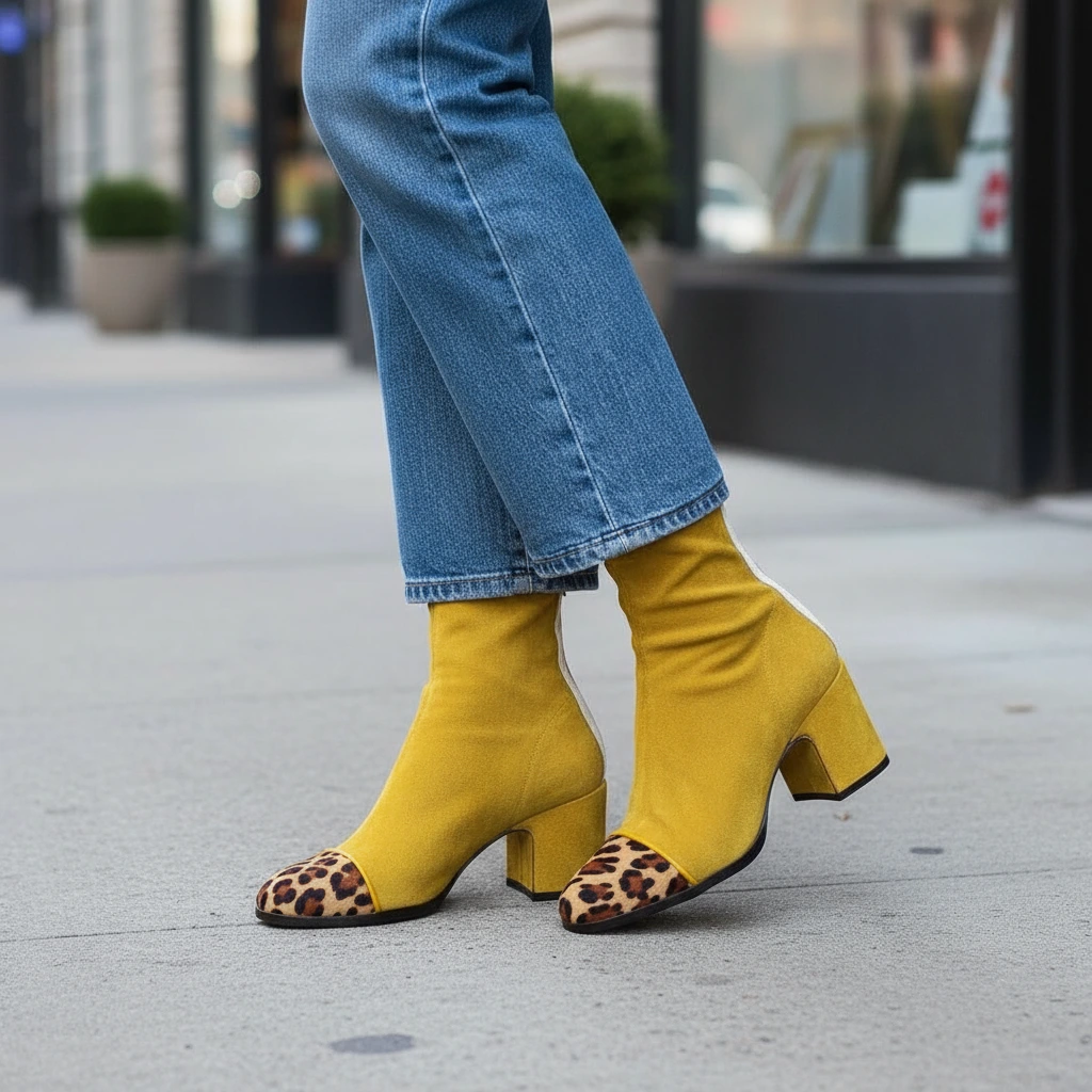 Mixed Texture Block Heel Boots