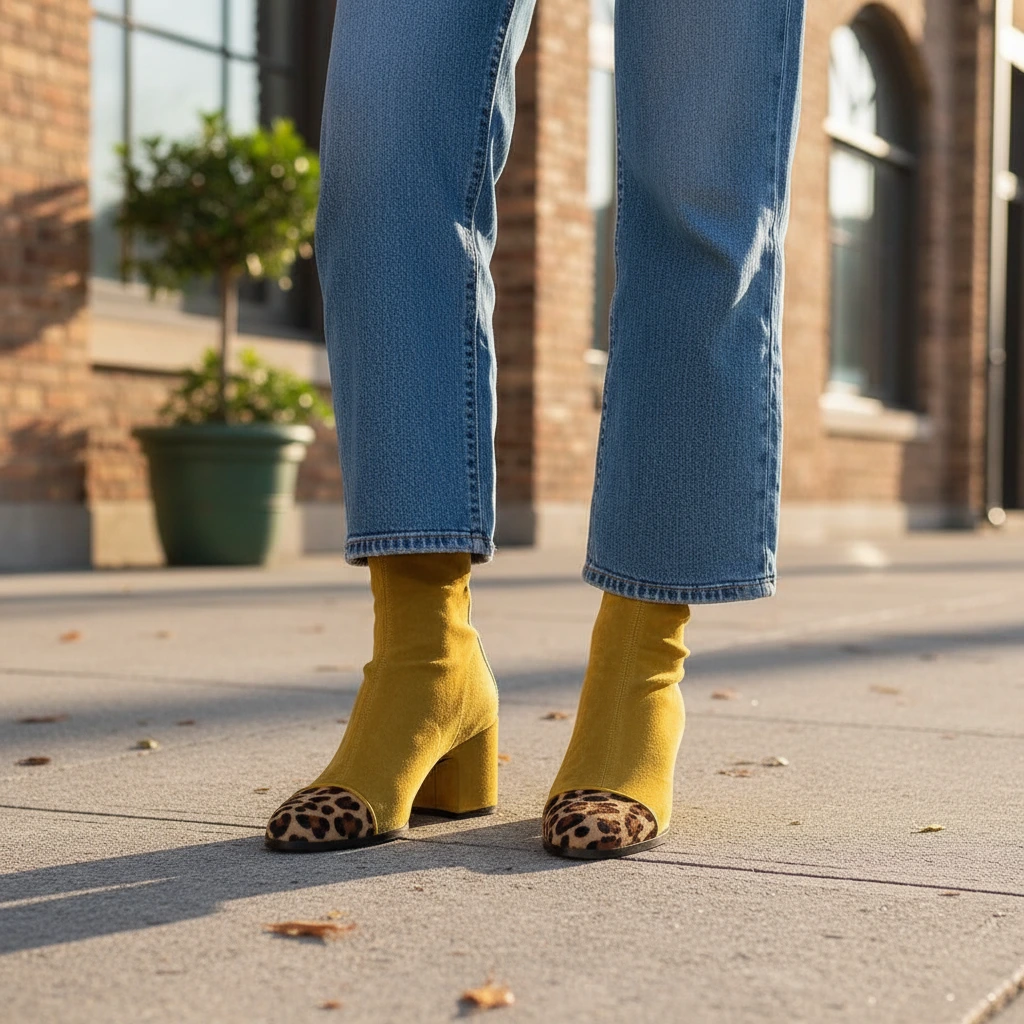 Mixed Texture Block Heel Boots