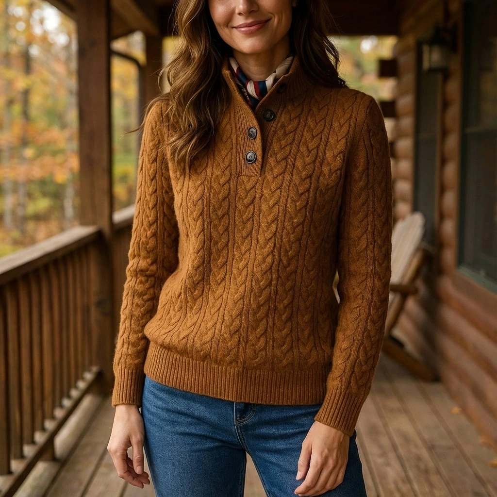 Cable-Knit Button Collar Sweater