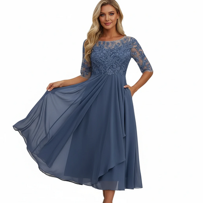Celestara | Women’s Lace Bodice Midi Dress with Sleeves