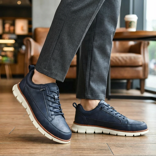 Navy blue sneakers with white soles worn indoors on a wooden floor.