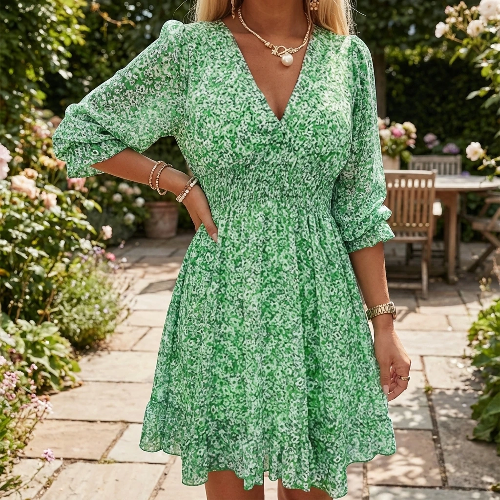 Women's Spring Smocked V-Neck Midi Dress
