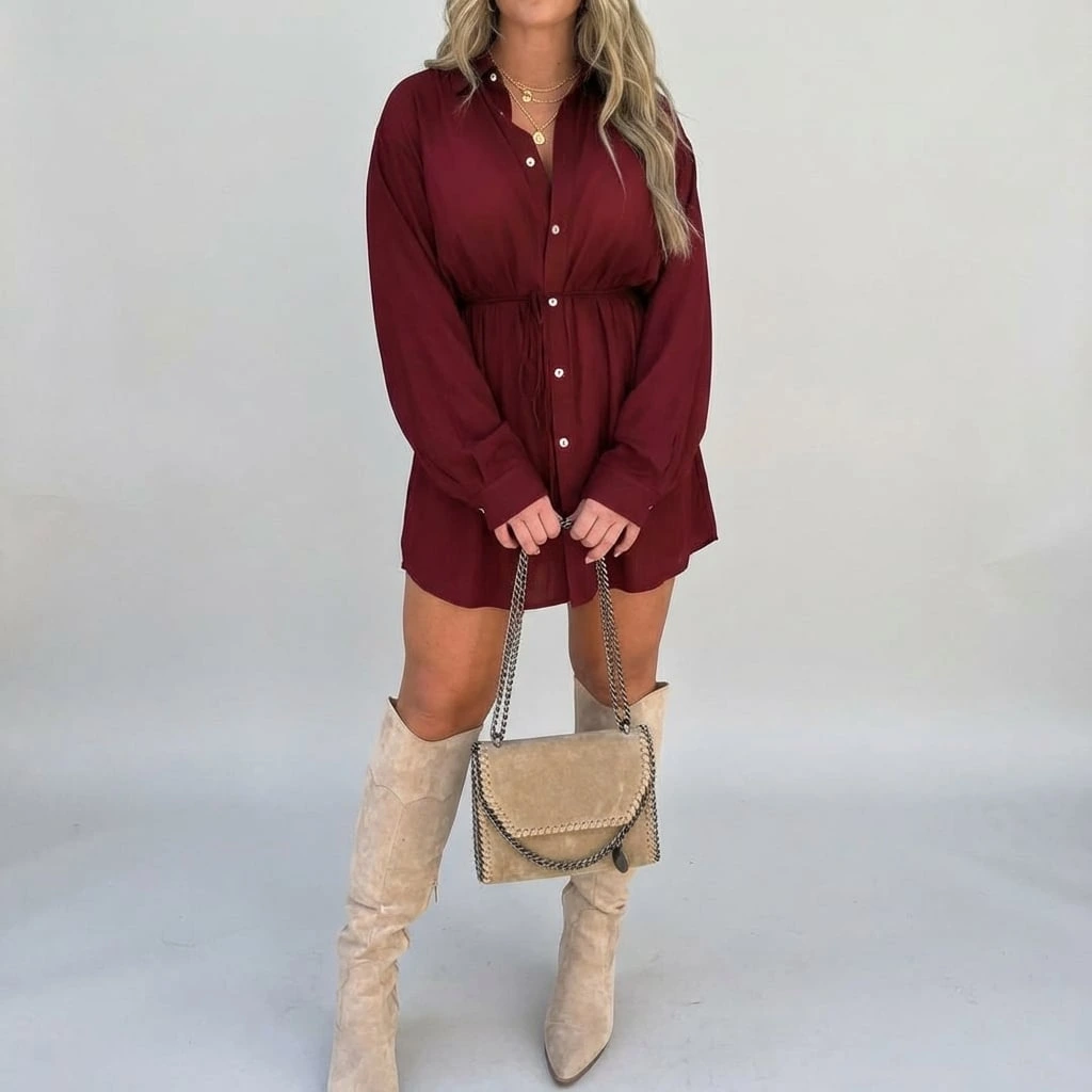Women’s Button Front Long Sleeve Shirt Dress