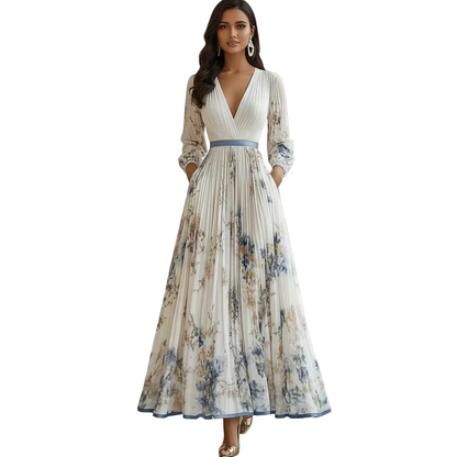 Aurelisse | Women’s Floral Pleated Maxi Dress with Long Sleeves