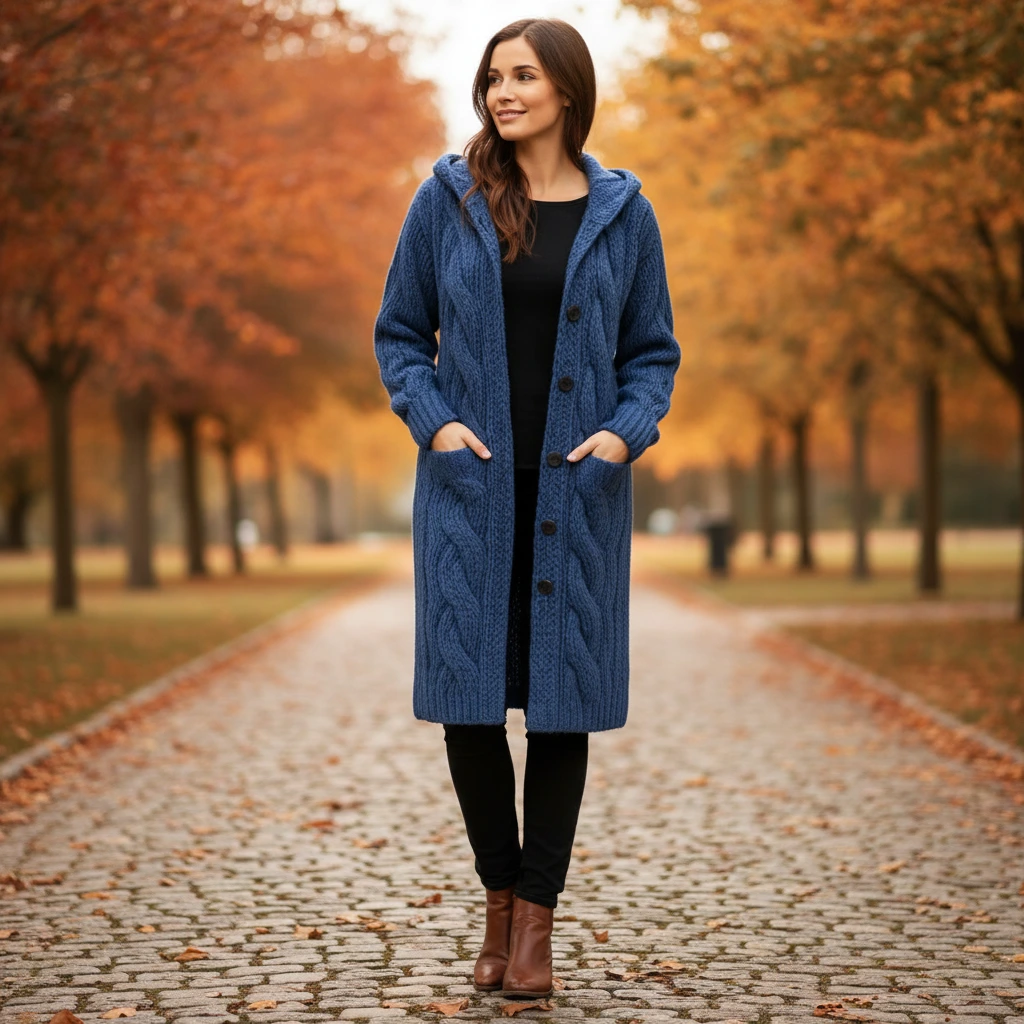 Cable Knit Hooded Cardigan Coat