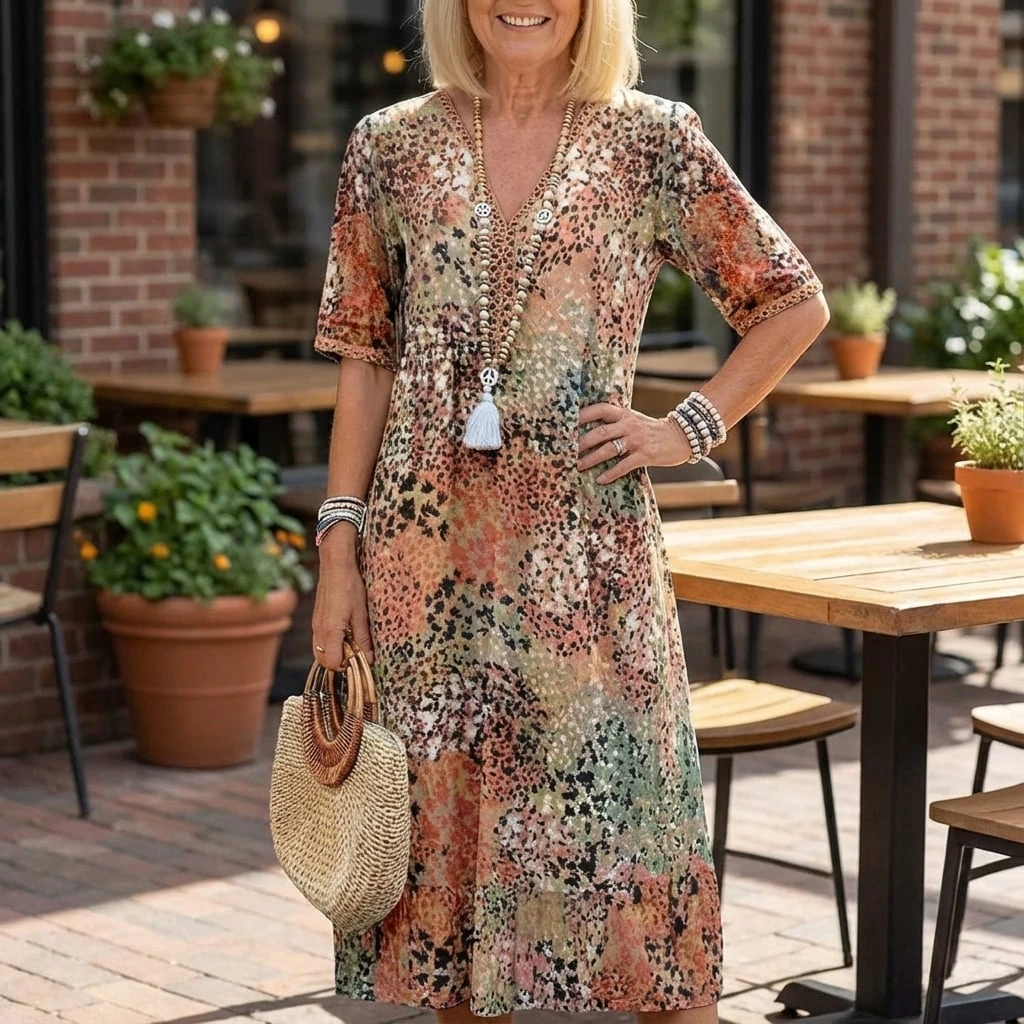 V-Neck Printed Midi Dress
