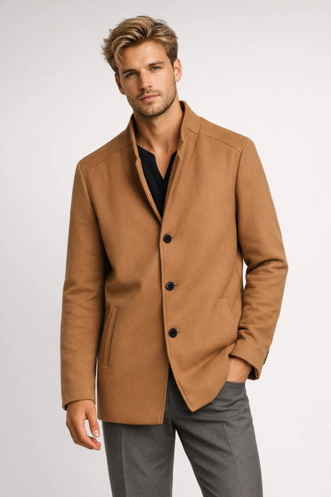 Men's Single Breasted Wool Coat - Fashinoza