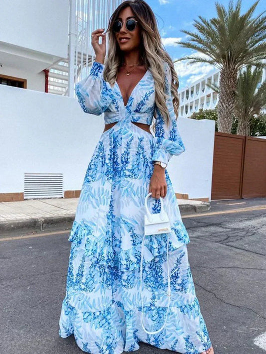 Women's Long Sleeve Maxi Dress Cutout Design - Fashinoza