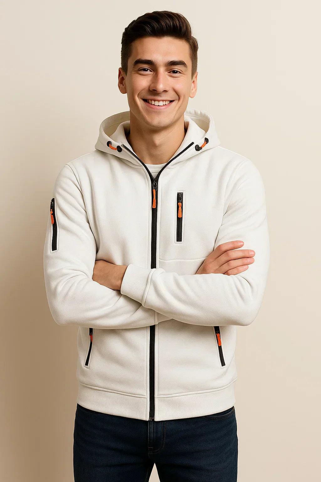 Men's Zip Hoodie Multiple Pockets Contrast Zipper Black - Fashinoza